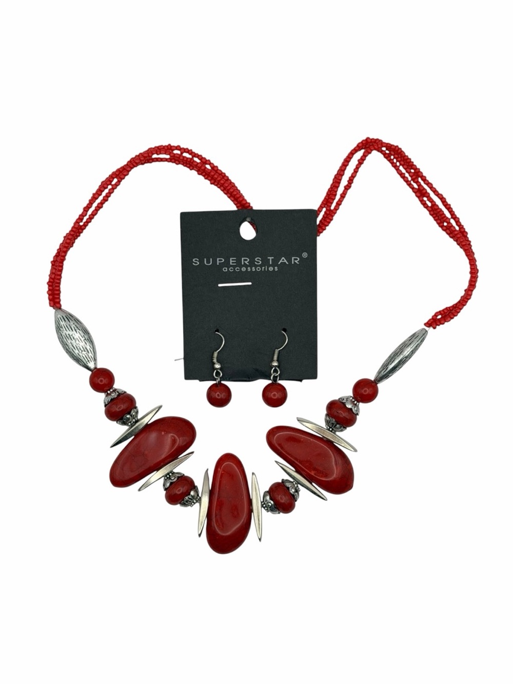 Vintage Superstar Red Beaded Statement Necklace & Earrings Set Silver Tone NWT